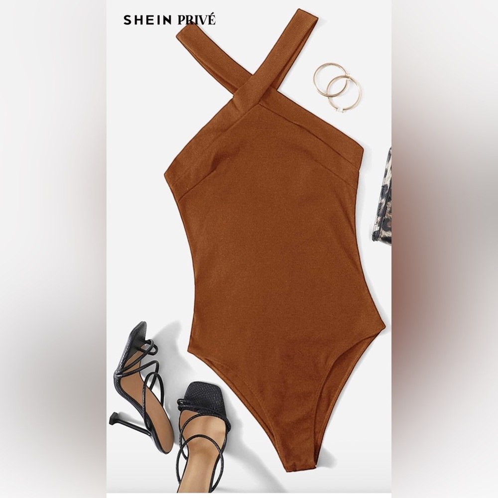 Shein Prive Brown Cross-Strap Bodysuit